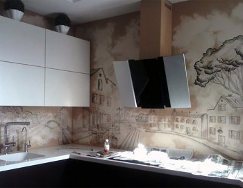 Художественная роспись стен на кухне в стиле старого города