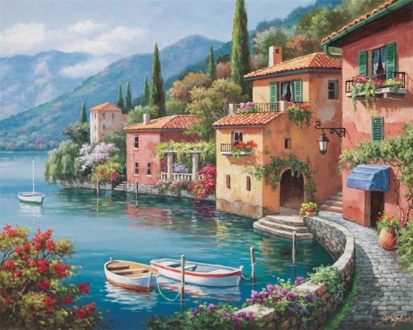 Живописец Сен Ким, средиземноморское побережье, лодки и дома на фоне гор и воды