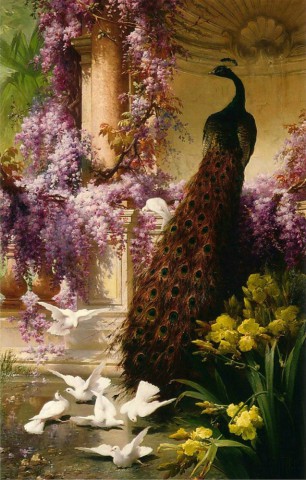 Эжен Бидо "Павлин и голуби в саду", желтые ирисы, цветущие лианы, античная архитектура
