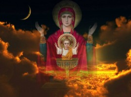 Изображение Богородицы с младенцем на фоне ночного неба и луны