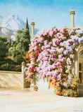 Иосиф Евстафьевич Крачковский «Ворота Алупкинского дворца», цветы на фоне гор