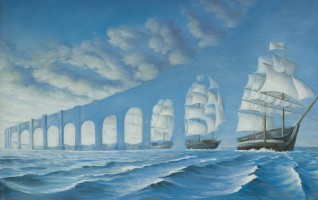 Роб Гонсалвес "Солнце плывет", корабли, оптические иллюзии, мост, облака, море