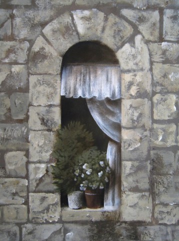 Венецианское окно с цветком, элемент композиции вида венецианского канала с балкона