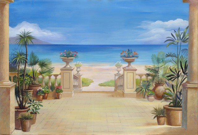 Панорама морского побережья, лестница спускающаяся к воде, обрамленная вазами с цветами