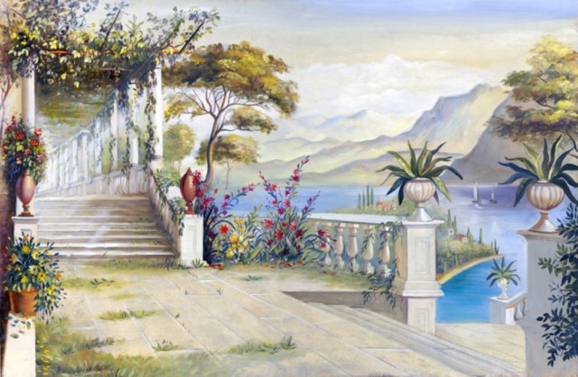 Галлерея из античных арок, набережная с парадной лесницей, цветы в вазах на фоне гор и моря