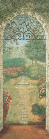 Панорамный вид через парадную арку в цветак на горы и фонтан