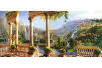 Художественная панорама на горы с водопадами, древними городами на склонах и озером в зелени
