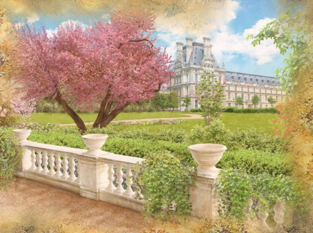 Пейзаж в весеннем парке с цветущими деревьями на фоне дворца
