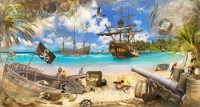 Композиция на пиратскую тематику на фоне старого корабля, морского побережья, облачного неба.