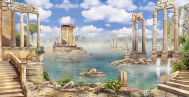 Греко-римские развалины с элементами античных колонн и сводов затопленных водой