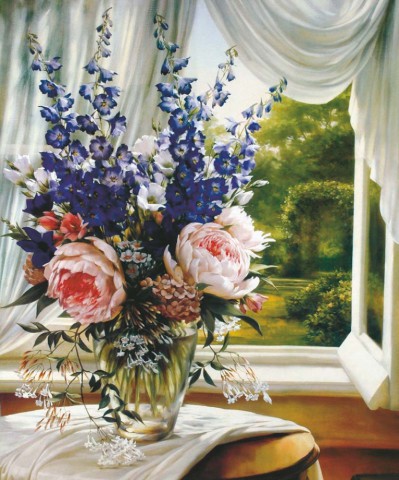 Игорь Левашов "Букет на столе", цветочная композиция из пионов у окна