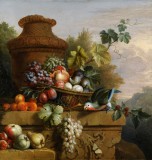 Натюрморт Якоба Богдани с корзиной фруктов, виноградом, попугаем и вазой