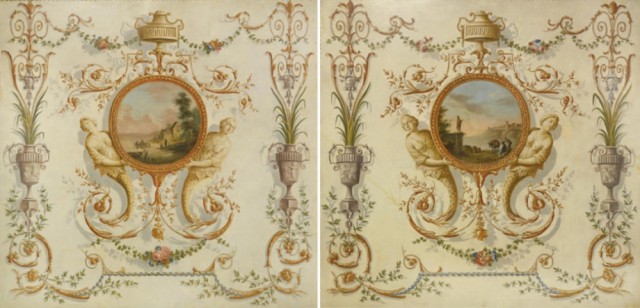 Декор потолка в виде цветов с вазами и художественным сюжетом как центральным элементом