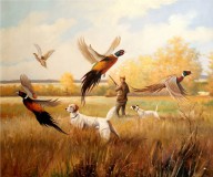 Бруно Августо Жавино "Охота на фазанов", охотник с двумя собаками и парящими фазанами