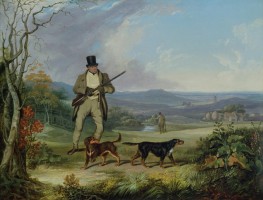 Филипп Рейнагл "Дневной выстрел", мужчина с ружьем и двумя собаками на фоне гор