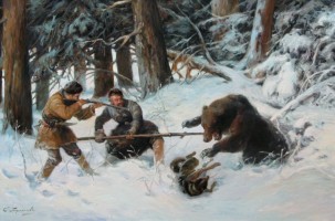 Зимняя охота с напарником и собакой на медведя у берлоги