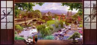 Панорама из японского домика на восточный сад с рекой, мостиками и бансаем.