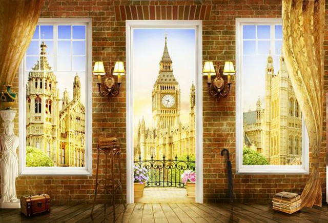 Панорама Лондона из окон квартиры с кирпичной кладкой и настенными светильниками
