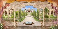 Изображение внутреннего сада в индийском дворце с куполами, колоннами и фонтаном
