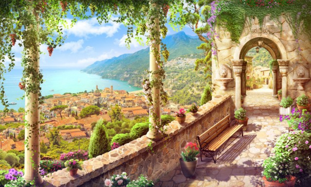 Панорама средиземноморского города, гор и моря с греко-римской террасы