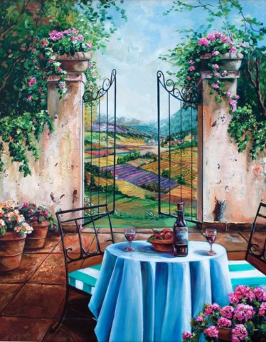 Джинджер Кук "Стол для двоих", столик на улице у больших ворот и панорамой на поля и горы