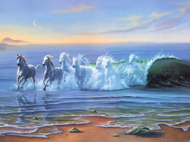 Джим Уоррен "Дикие воды", сюрреализм, бегущие кони по воде, волна