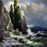 Лестница в скале спускающаяся к бушующему морю с каменным львом у самой воды