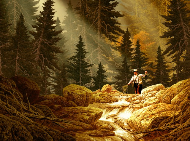 Ларри Якобсен "Ловля рыбы нахлыстом в скалистых горах", горная река окруженная лесом