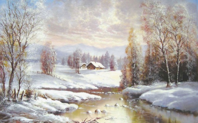 Гельмут Глассль "Зимние сумерки", изба на берегу реки утопающая в снегу