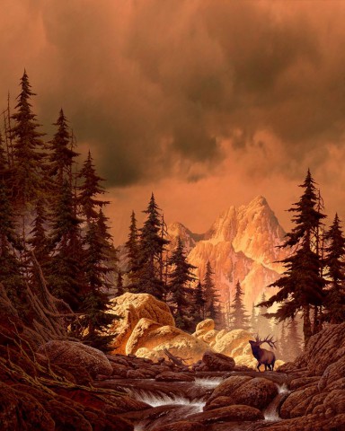 Ларри Якобсен "Лось в скалистых горах", лось стоящий у горной реки на фоне грозового неба и гор