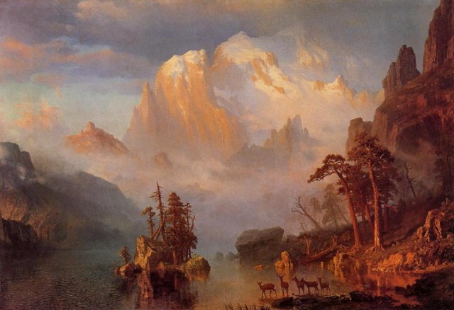 Альберт Бирштадт "Скалистые горы", олени пьющие воду из озера окруженного скалами