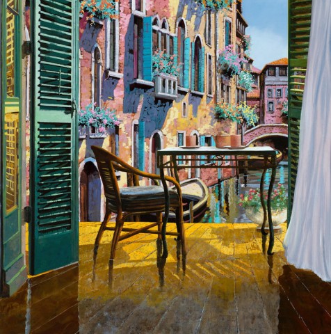 Гвидо Борелли "Пребывание в Венеции", вид с балкона на венецианский канал