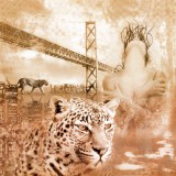 Изображение девушки с леопардом на фоне ночного города и моста