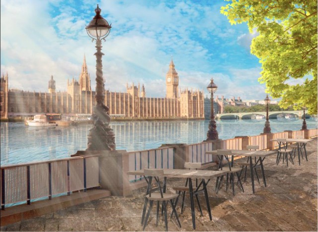 Панорама из летнего английского кафе на Вестминстерский дворец
