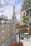 Французский балкончик в цветах с видом на Эйфелеву башню.