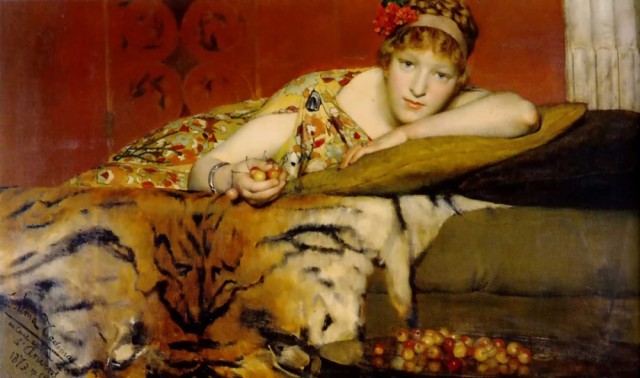 Лоуренс Альма-Тадем "Вишни", девушка с вишнями в руке, лежащая на тигровой шкуре