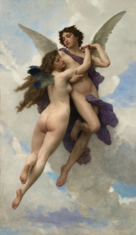 Адольф Вильям Бугро "Амур и Психея", ангелы в объятиях, парящие в небесах с облаками