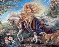 Джозефина Уолл "Леди Годива", девушка на белом коне с собаками на прогулке