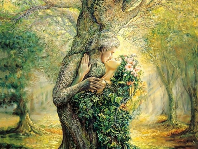Жозефина Уолл "Дриада и Дух дерева", поцелуй влюбленных на фоне дремучего леса