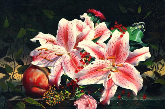 Алексей Антонов, натюрморт с изображением лилий и персика