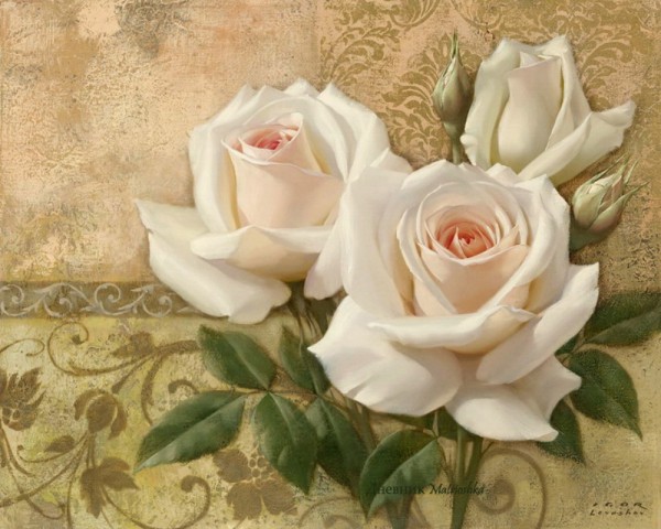 Игорь Левашов, букет из белых роз на фоне декоративного покрытия