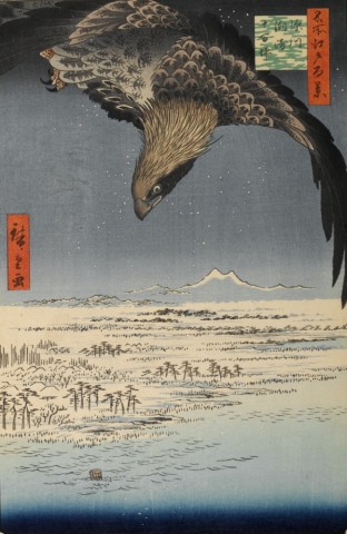 Утагава Хиросигэ, орел летит над районом Хукагава, из серии "Сто знаменитых видов Эдо"