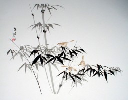 Японская живопись, изображение бамбука и трёх птиц