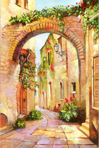 Живопись в тематике "итальянский дворик", узкие улочки с арками и цветами