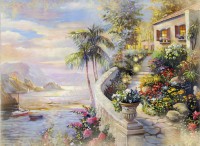 Живопись с изображением дома с множеством цветом на фоне залива