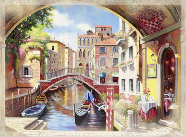 Изображение моста через канал Венеции, гондолы, кафе на набережной