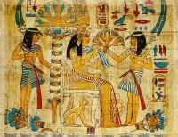 Рисунок на древнем папирусе с изображением египетской царицы и прислуги, Египетский сюжет