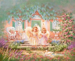 Дона Гелсингер "Ангелочки", стиль "детская роспись"на фоне дома в цветах