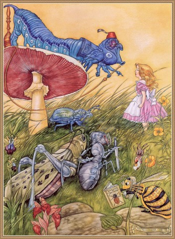 Энджел Домингес иллюстрации к сказке "Алиса в стране Чудес", гусеница и огромный гриб