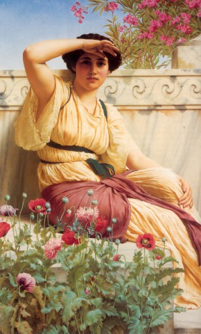 Уильям Говард Джон "Назначенное свидание", изображение девушки на фоне маков и цветов